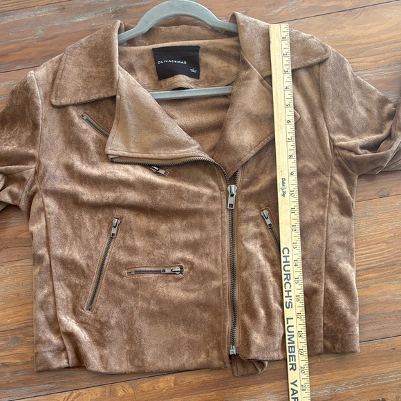 Olivaceous Brown Faux Suede Moto Jacket Size Large | Soft Zip-Up Biker Style - Picture 12 of 14